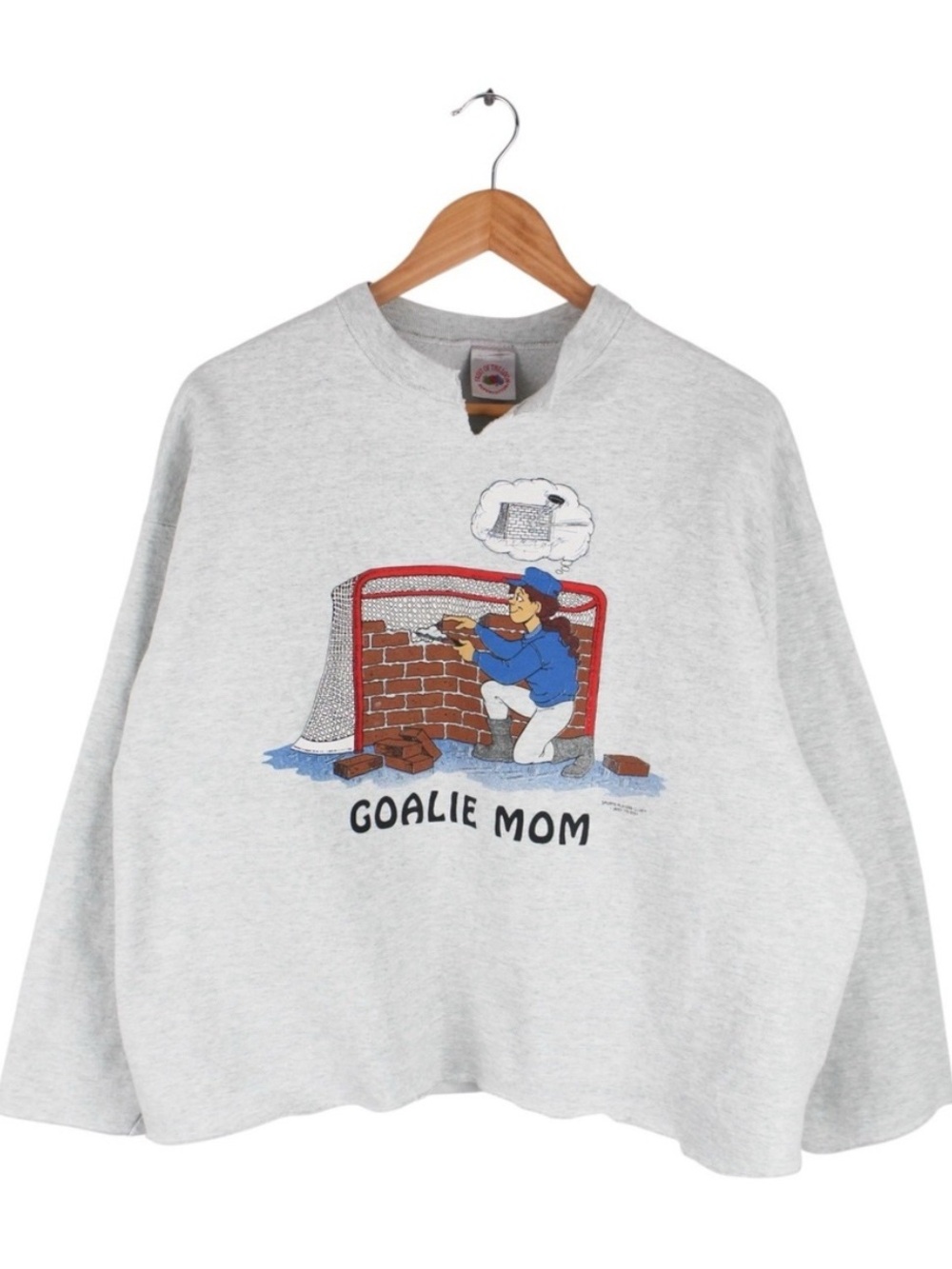 Vintage Hockey Cropped Sweatshirt Mom Goalie Graphic Gray Crewneck Size XL